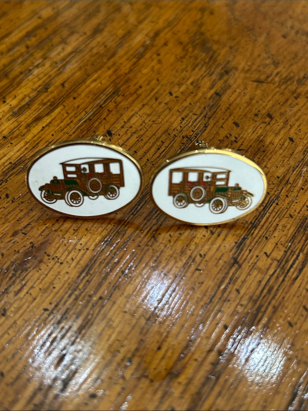 Gold-Tone vintage Enamel Car Cufflinks — White, Brown & Green - Avon